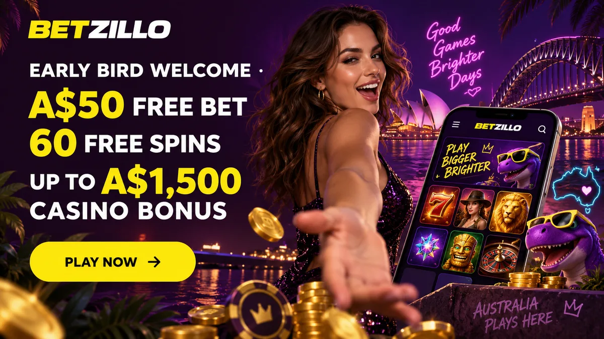 Betzillo Early Bird banner with the A$50 free bet, 60 free spins and casino deposit bonus