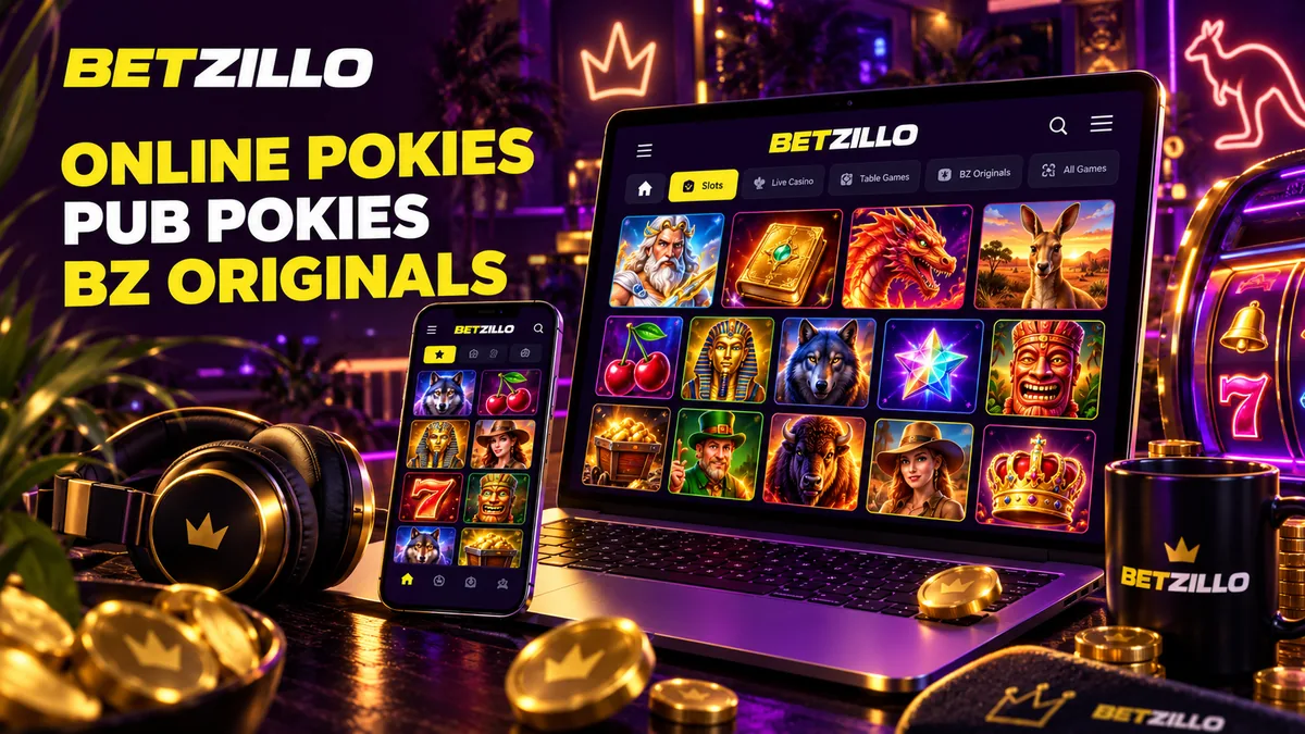 Betzillo pokies lobby banner with rows of game tiles