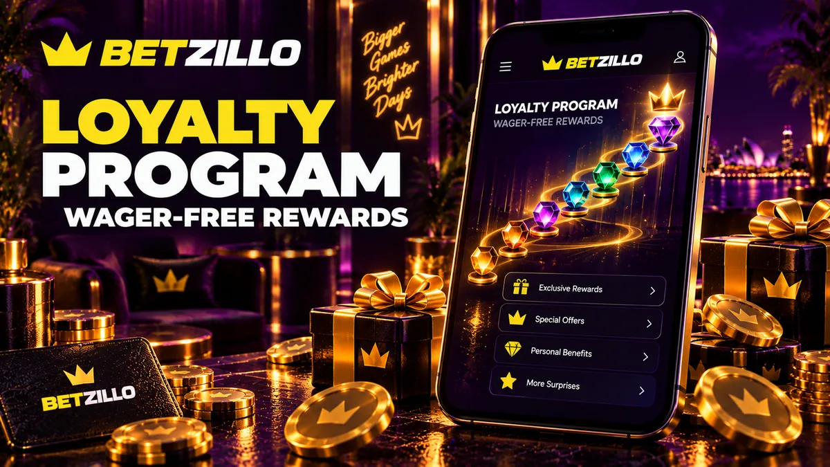 Betzillo loyalty program banner with glowing gems rising to a gold crown on a phone screen